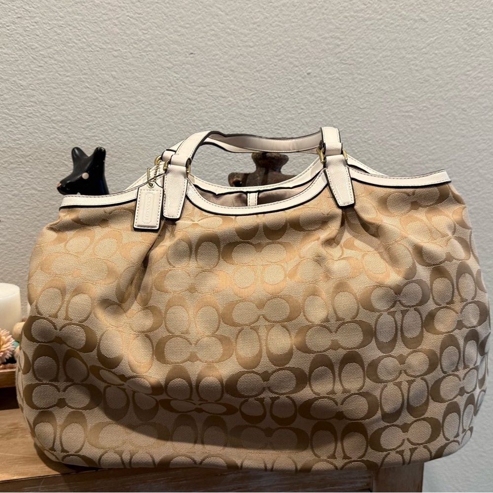 Coach Beige Signature Jacquard Tote with White Trim and Gold Hardware